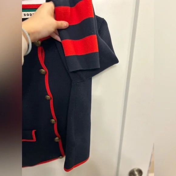 Boden Holly Cropped Knitted Jacket in Navy with Red Trim 100% Cotton - Picture 6 of 11